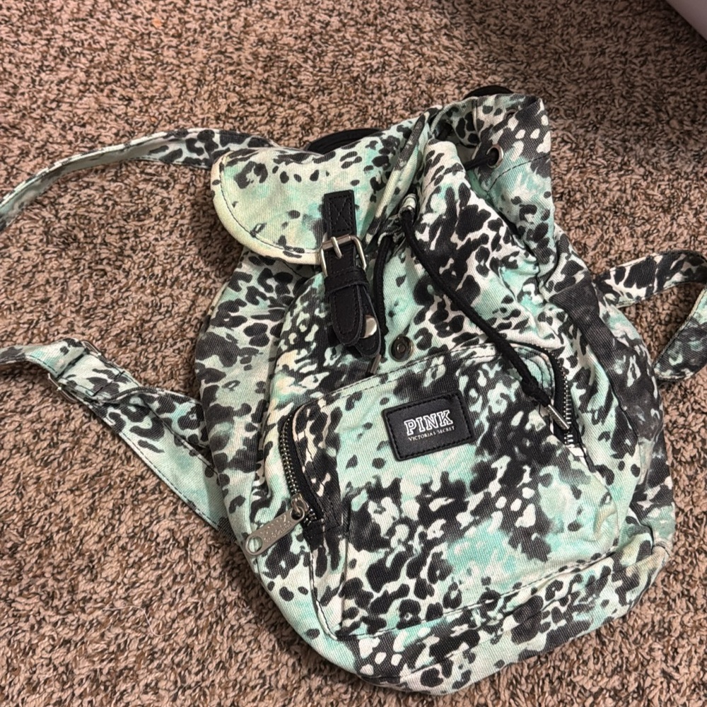 PINK Victoria's Secret Black and Green Patterned Backpack